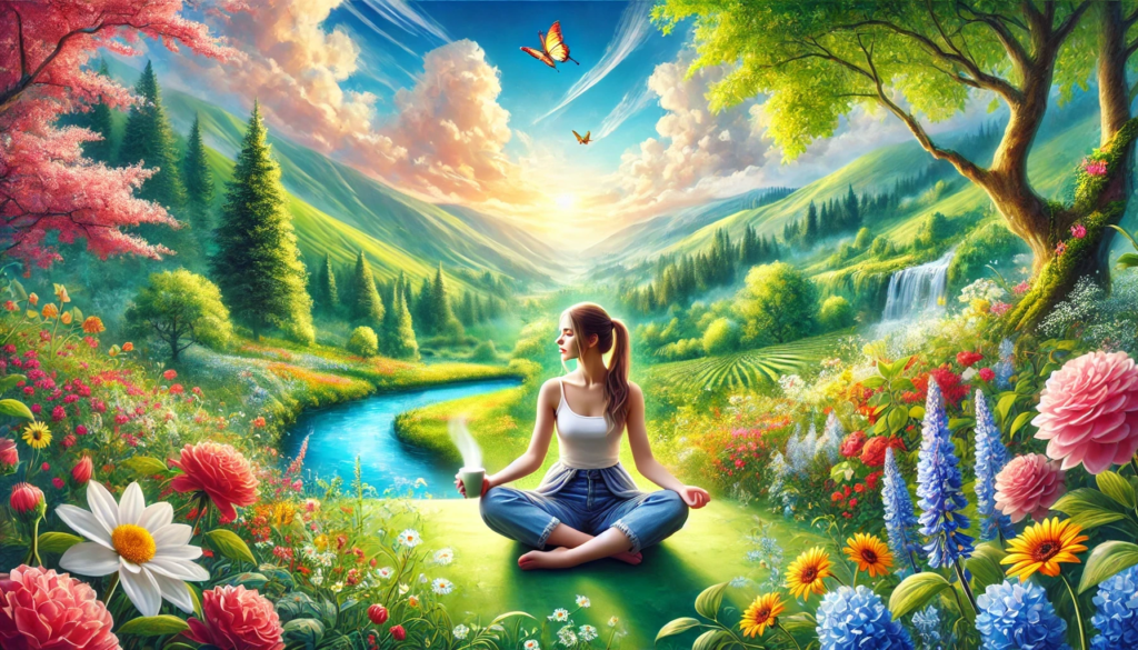 A young woman sits peacefully in nature, holding a warm cup of coffee. She is surrounded by vibrant flowers, green hills, and a clear blue sky, symbolizing mindfulness and present moment awareness.