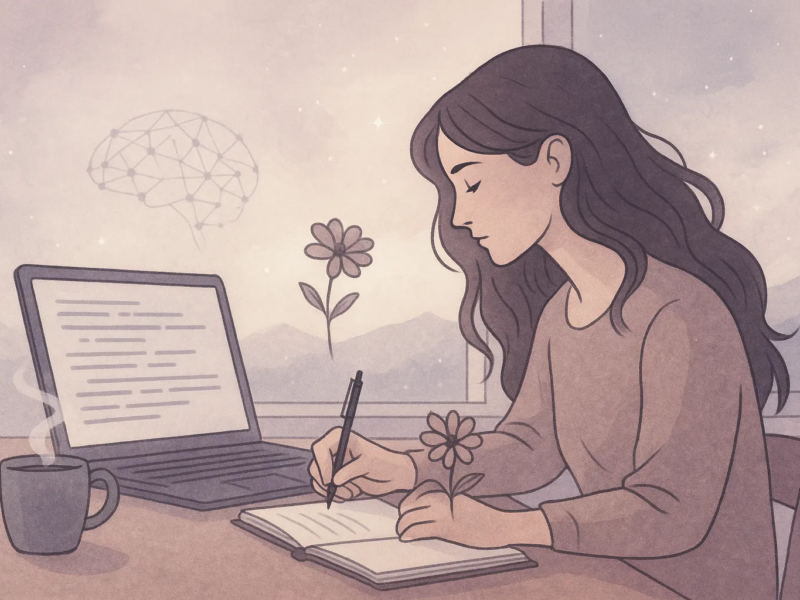 A woman writing in a notebook while a digital brain and flower float nearby, representing AI writing inspiration.