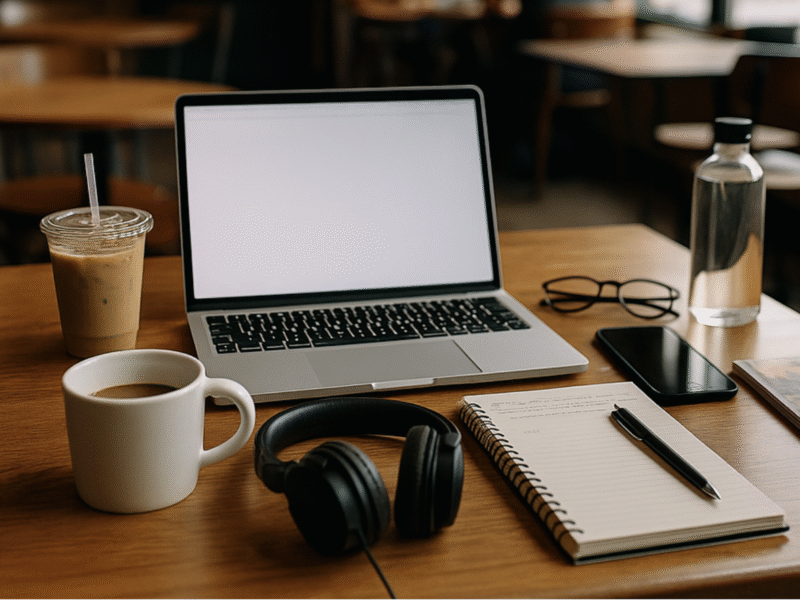 A cozy café workspace with a laptop, coffee, iced drink, notebook, and headphones on a wooden table, ideal for working from a cafe.