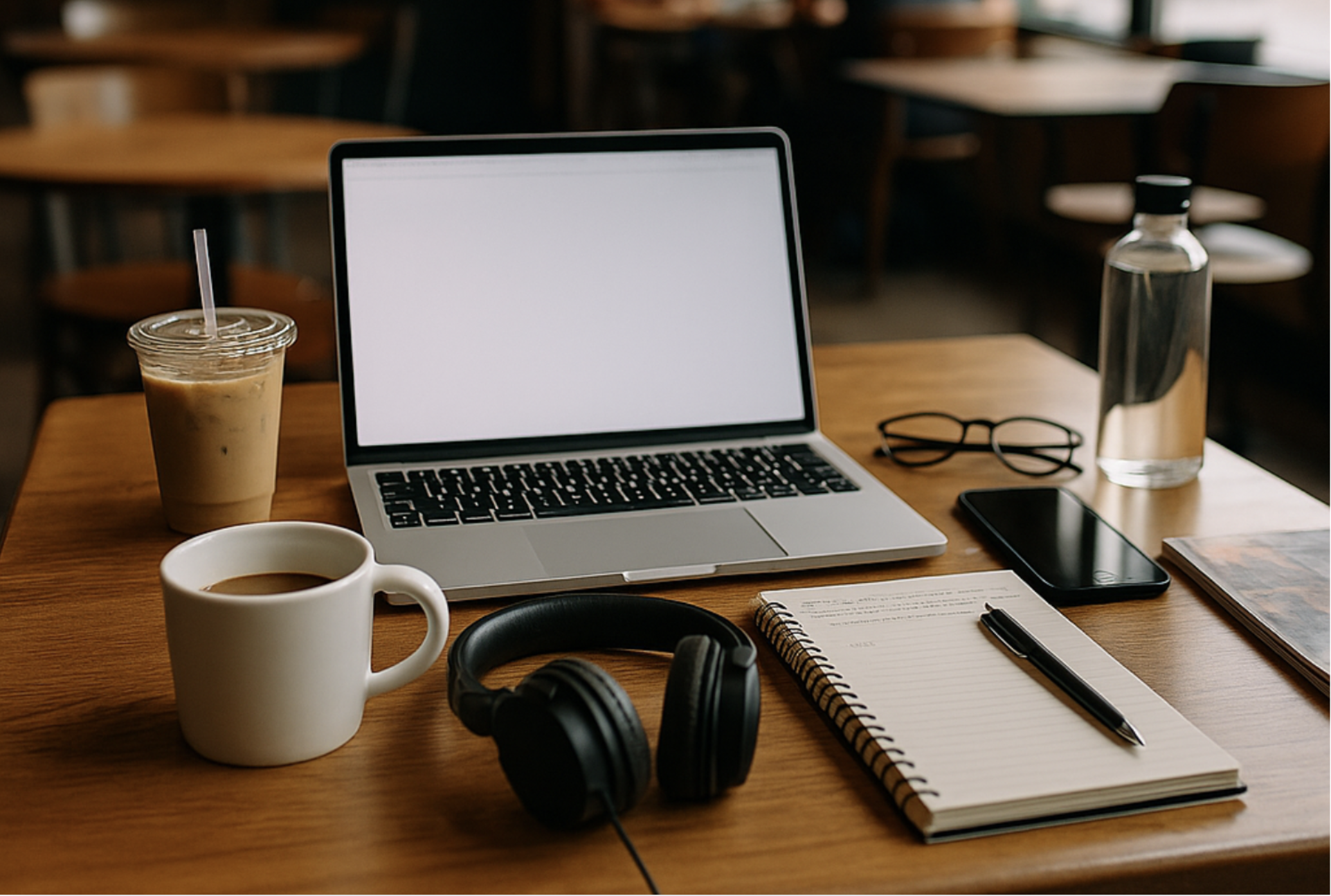 A cozy café workspace with a laptop, coffee, iced drink, notebook, and headphones on a wooden table, ideal for working from a cafe.