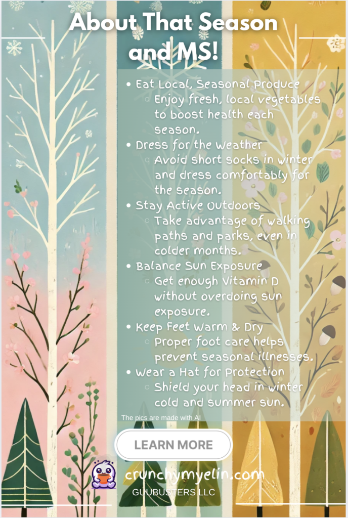 An infographic with a pastel, minimalist design representing the four seasons and tips for managing multiple sclerosis (MS) throughout the year. Each season has specific advice, such as eating local produce, staying active, and balancing sun exposure.