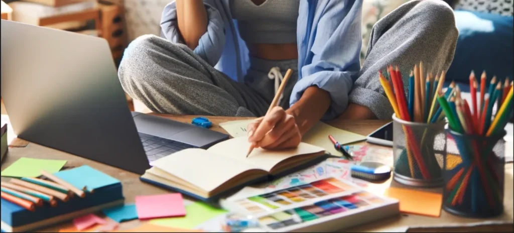 Woman writes with colorful pens to her notebook.