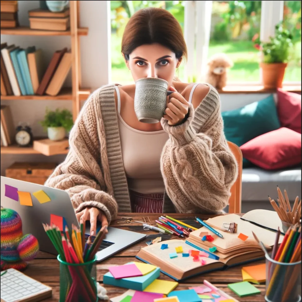 Woman drinks coffee in a chaotic and colorful working space.