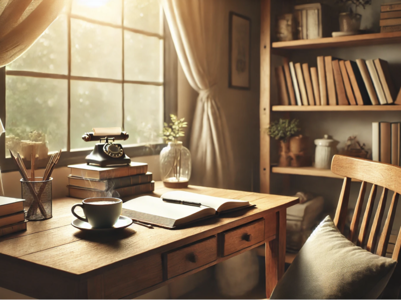 Cozy writing corner with a wooden desk, an open journal, a cup of coffee, and a bookshelf in the background.