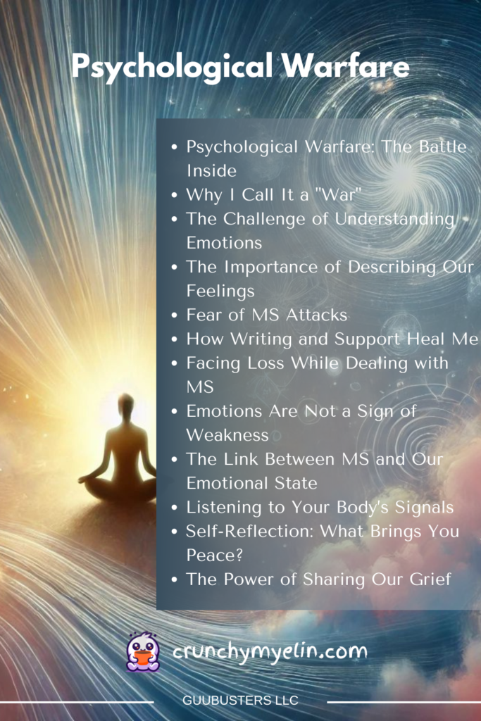 A visually engaging pin titled 'Psychological Warfare' listing the article's key sections. The image features a serene meditative figure with swirling light, symbolizing emotional and psychological introspection.