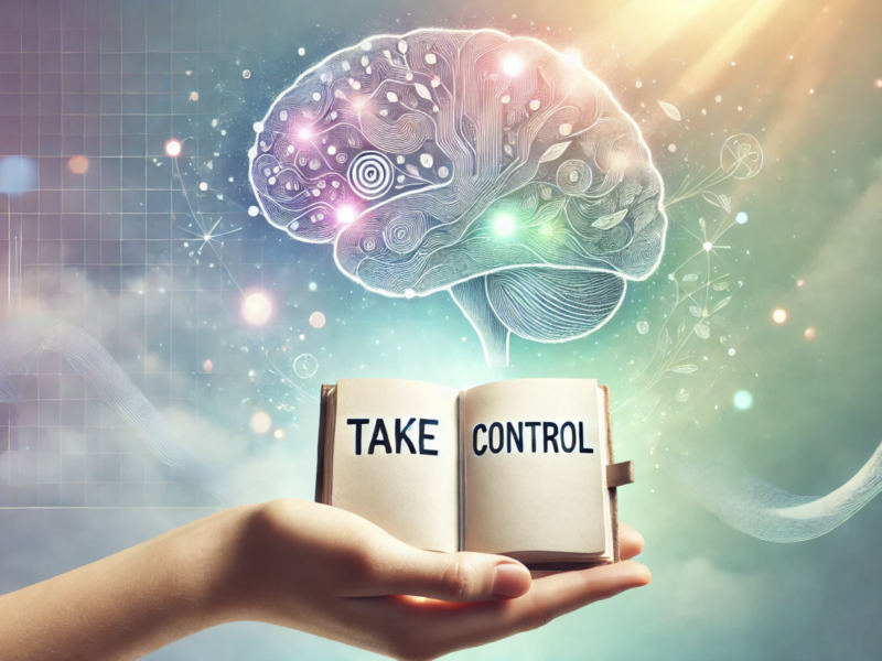 A hand holding an open notebook with the words 'Take Control,' against a background of a softly blurred brain graphic, symbolizing the management of cognitive symptoms in Multiple Sclerosis (MS).