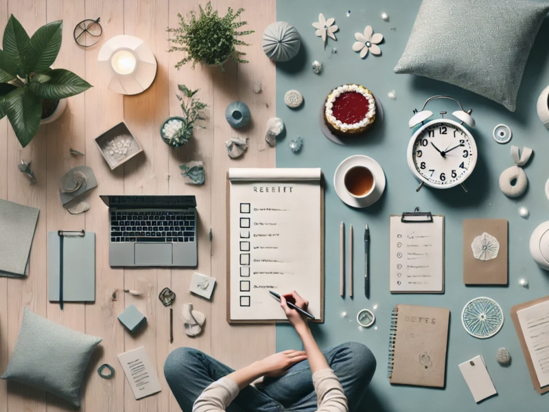 "A calming, organized flat lay image showcasing a workspace with notebooks, tea,, plants, and cozy elements, symbolizing preparation and mindfulness."