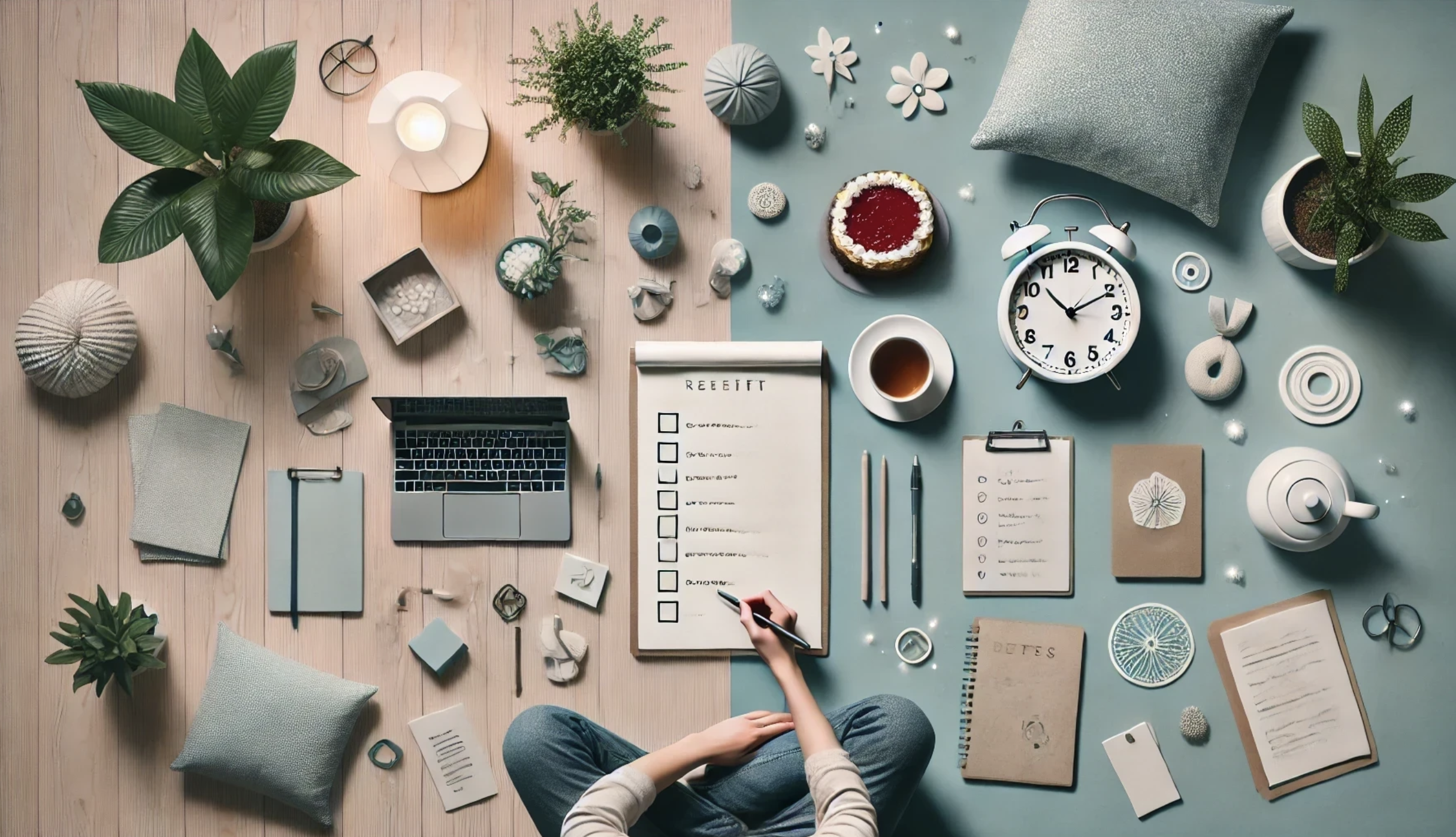 "A calming, organized flat lay image showcasing a workspace with notebooks, tea,, plants, and cozy elements, symbolizing preparation and mindfulness."