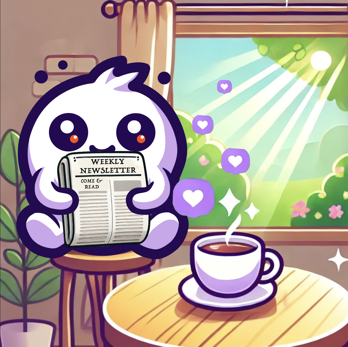 A cozy scene with a mascot sitting at a table, reading a newspaper with a coffee cup nearby. Sunlight streams through a window in the background, creating a warm and inviting atmosphere.