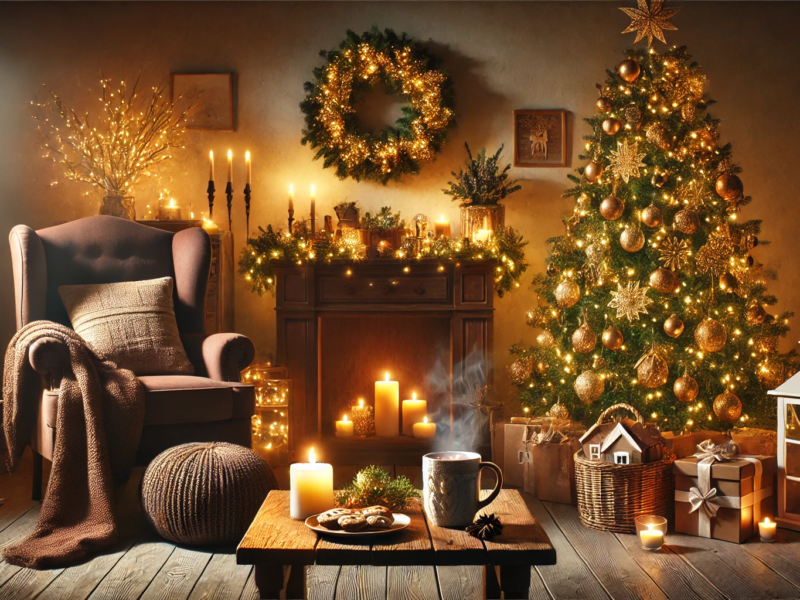 A cozy Christmas living room featuring a glowing Christmas tree, warm candlelight, a comfortable armchair with a blanket, and festive decorations like lanterns and a wreath, creating a peaceful, stress-free and joyful holiday atmosphere.