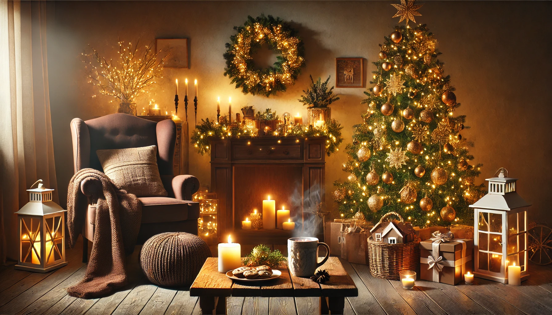 A cozy Christmas living room featuring a glowing Christmas tree, warm candlelight, a comfortable armchair with a blanket, and festive decorations like lanterns and a wreath, creating a peaceful, stress-free and joyful holiday atmosphere.