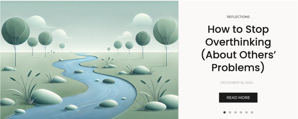 A serene flat design illustration of a gently flowing river surrounded by smooth stones and trees under a calming sky, symbolizing resilience and moving forward despite obstacles.