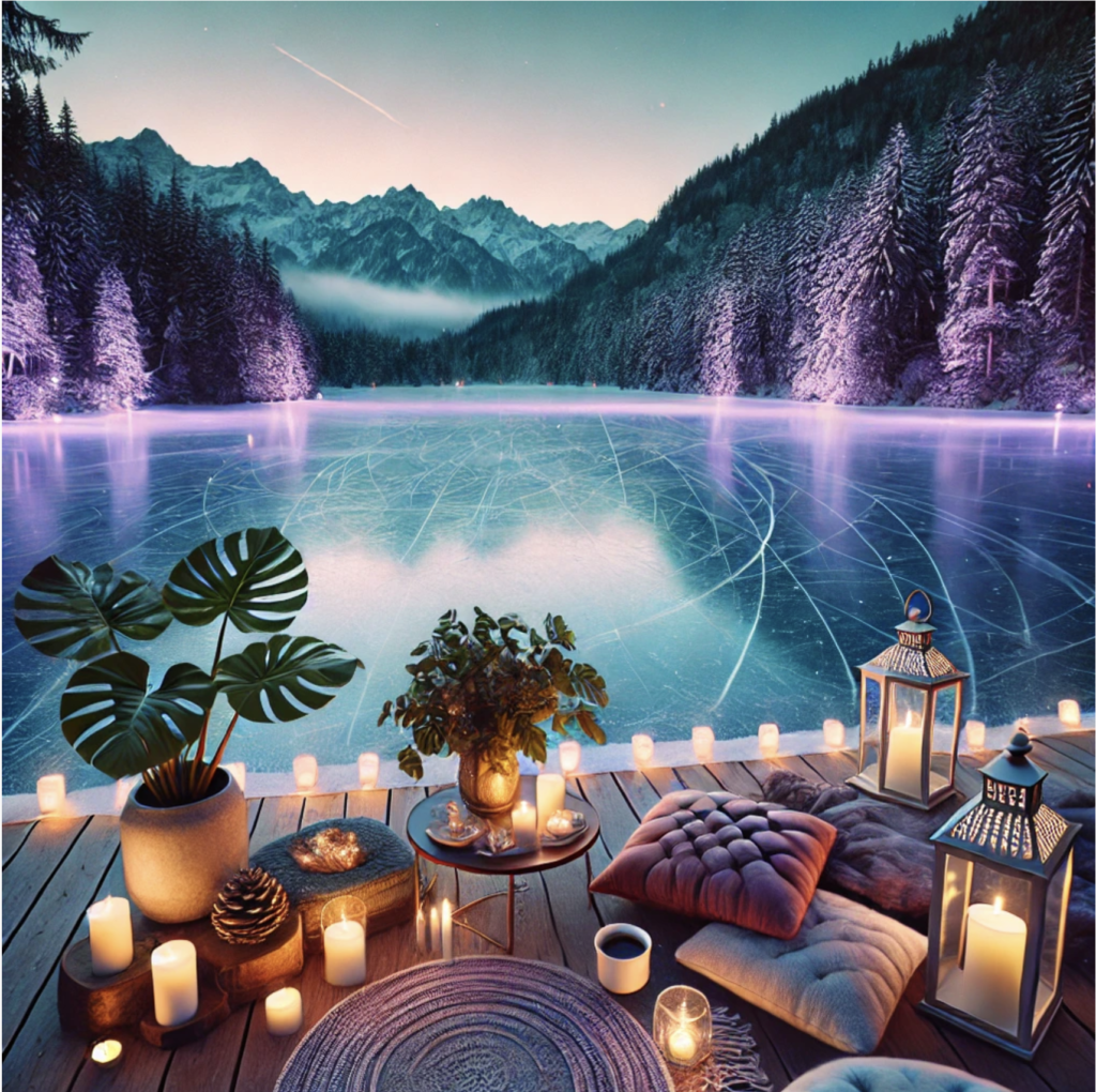 A cozy setup by a frozen lake with glowing candles, monstera plant, pillows, and a steaming coffee cup.