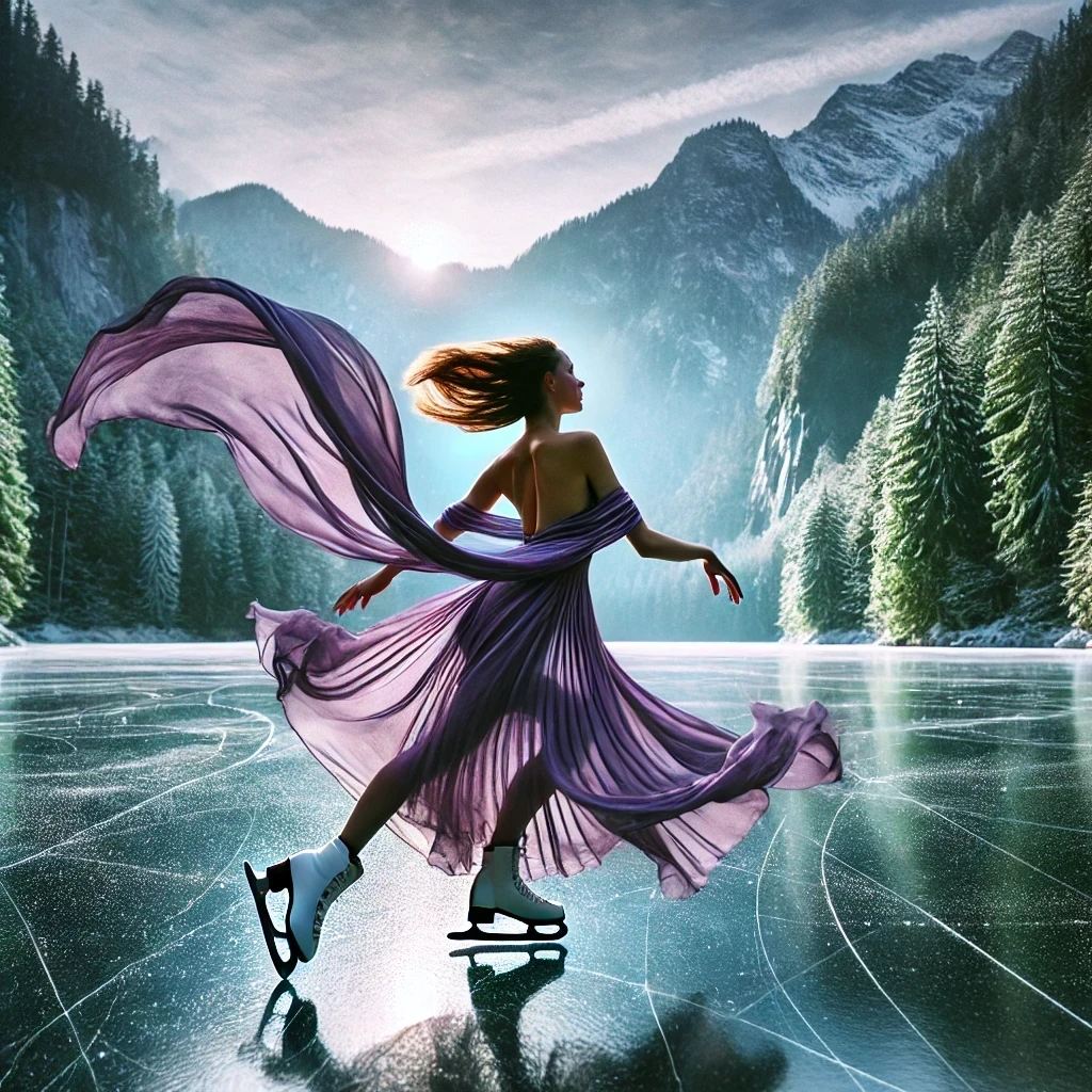 Woman dancing on ice in a flowing purple silk dress.