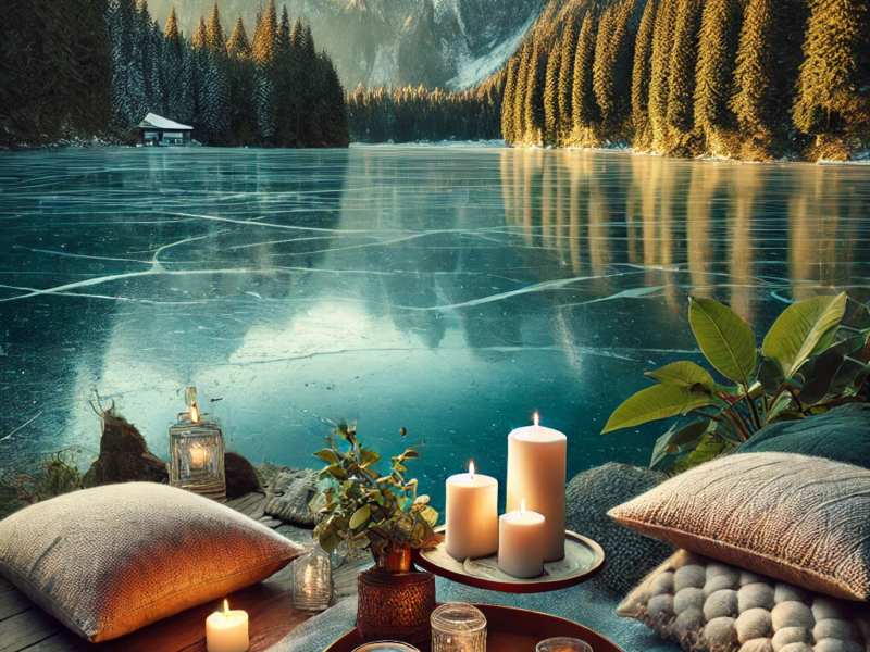 A cozy scene with candles, pillows, and a coffee cup on a wooden deck by a frozen lake.