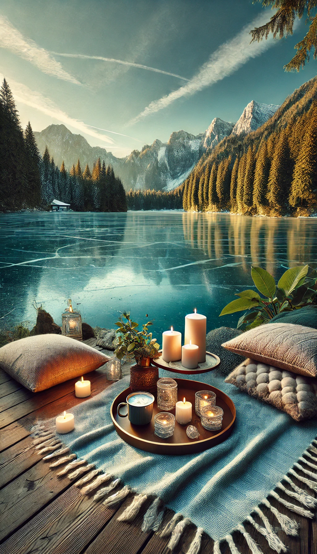 A cozy scene with candles, pillows, and a coffee cup on a wooden deck by a frozen lake.