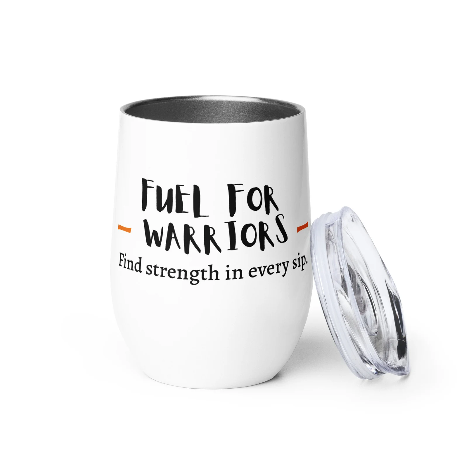 Stainless steel tumbler with motivational text: "Fuel for Warriors - Find strength in every sip."