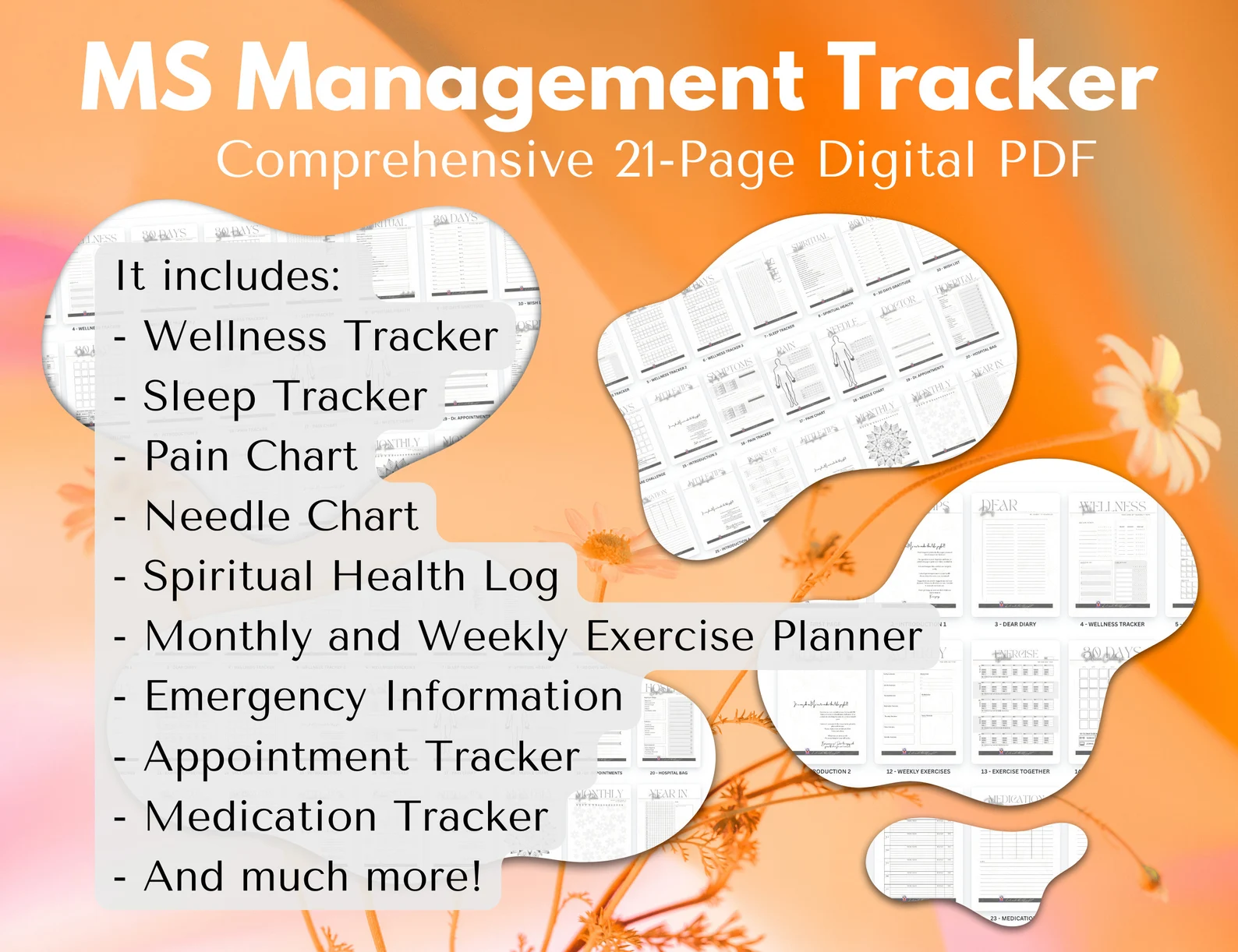 MS Management Tracker PDF showcasing wellness trackers, exercise planners, and health logs for effective MS management.