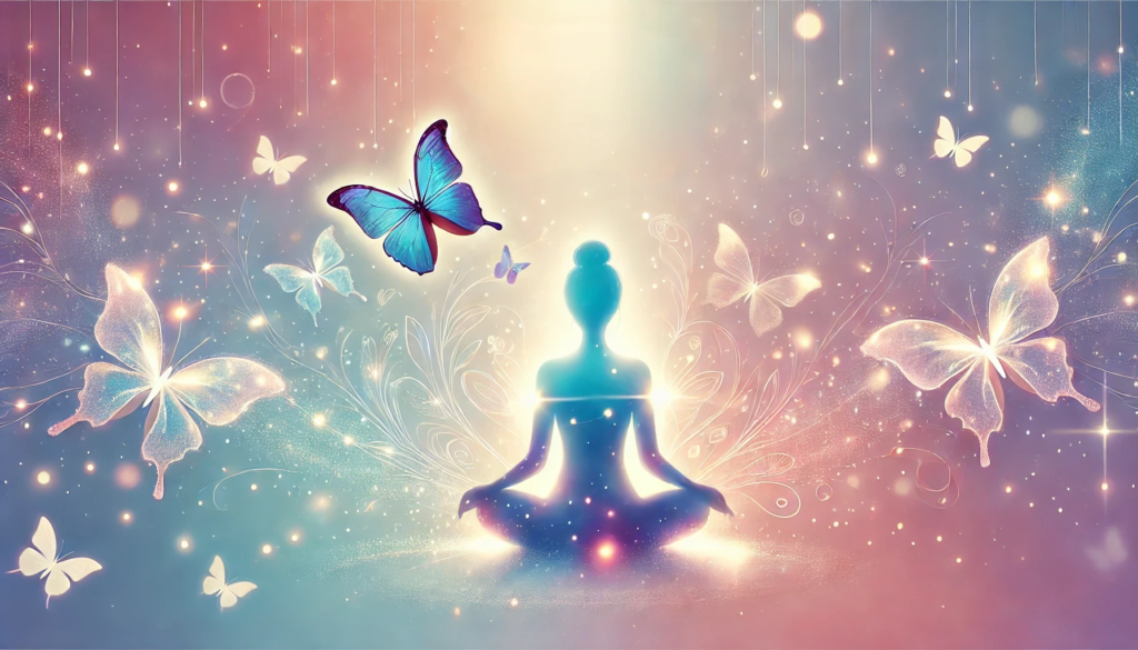 A serene illustration of a person meditating surrounded by glowing butterflies and soft light trails, symbolizing mindfulness and transformation.
