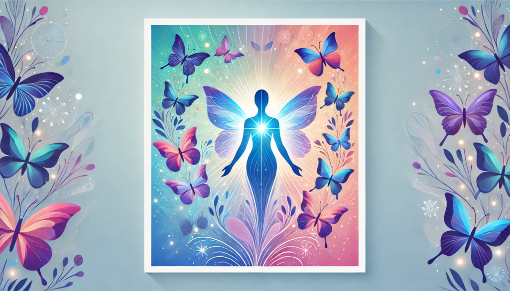 A radiant figure with butterfly wings surrounded by vibrant butterflies, symbolizing growth and self-discovery.