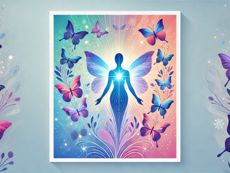 A radiant figure with butterfly wings surrounded by vibrant butterflies, symbolizing growth and self-discovery.