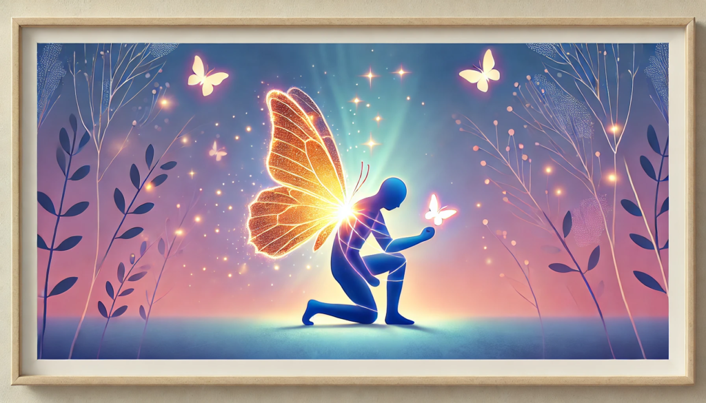  A kneeling figure attaching a glowing butterfly wing, surrounded by light trails and soft colors, symbolizing resilience and recovery.
