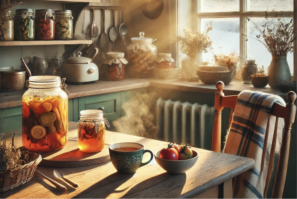 An organized bohemian kitchen table with steaming tea, jars of food on the shelf, a cozy shawl draped over a chair, and winter sunlight streaming through the window.