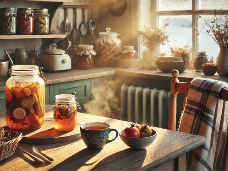 An organized bohemian kitchen table with steaming tea, jars of food on the shelf, a cozy shawl draped over a chair, and winter sunlight streaming through the window.