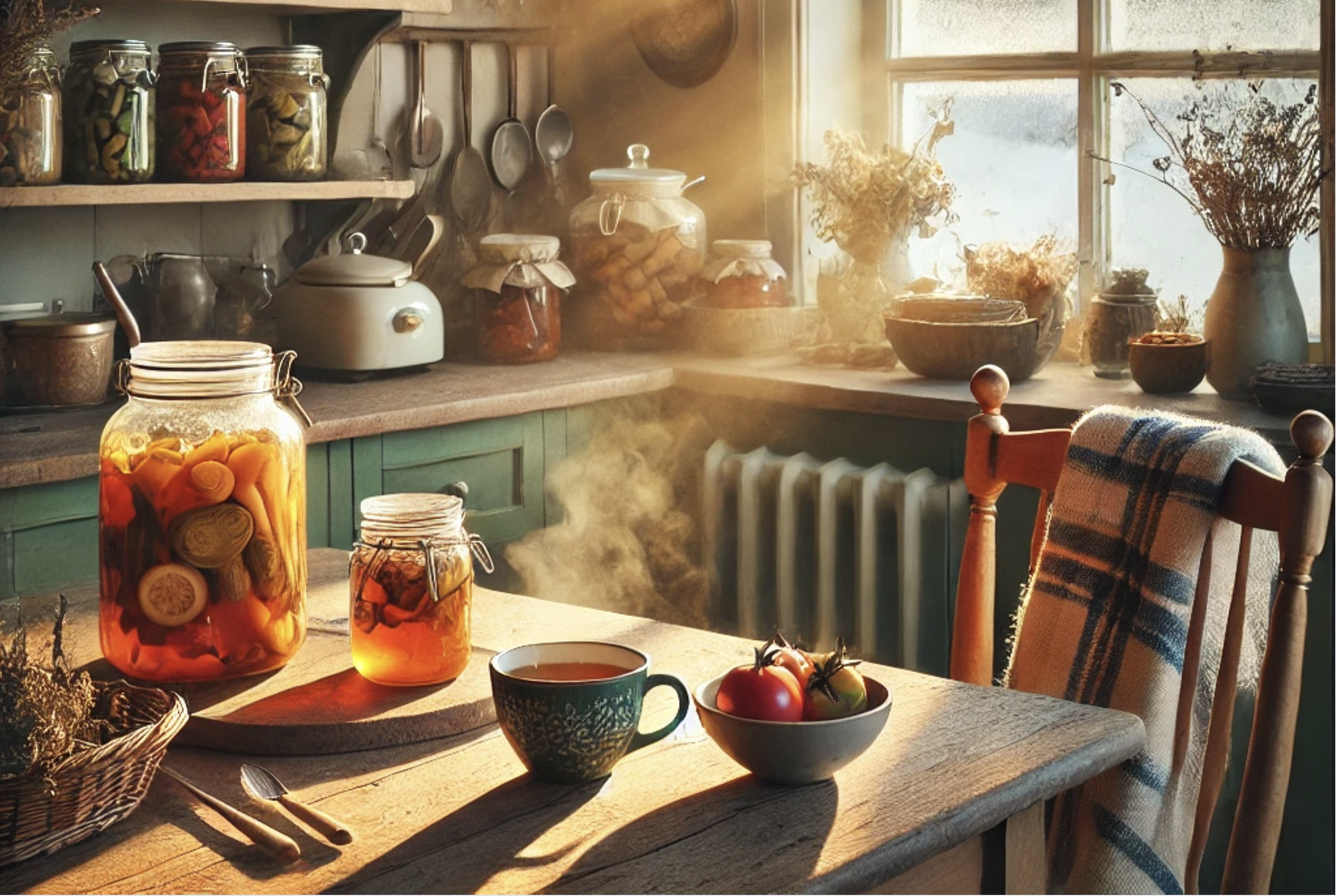 An organized bohemian kitchen table with steaming tea, jars of food on the shelf, a cozy shawl draped over a chair, and winter sunlight streaming through the window.