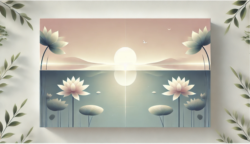 Tranquil illustration of lotus flowers on a calm lake, symbolizing mindfulness and stress management.