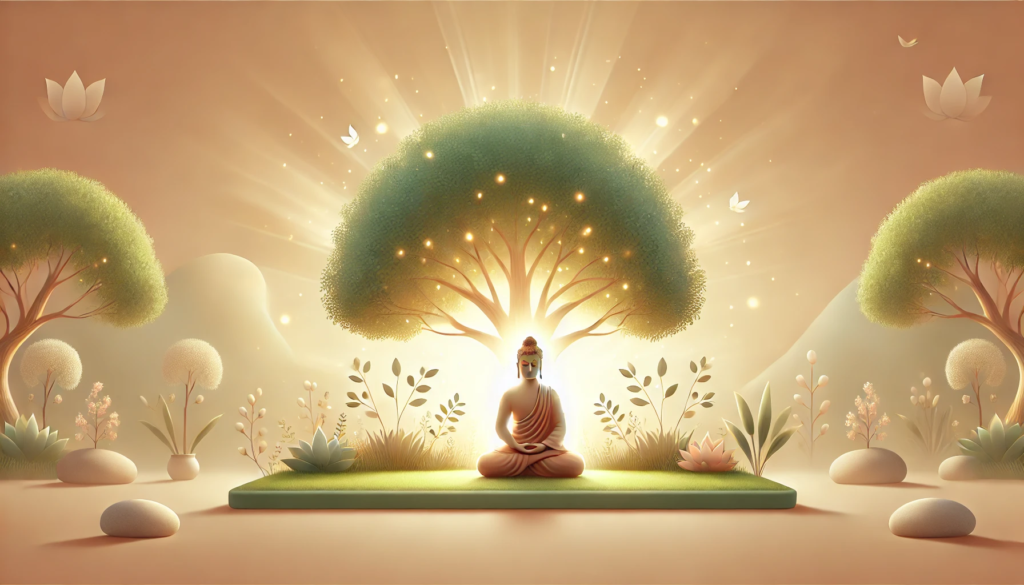 A serene Buddha meditating under a glowing tree, symbolizing stress relief and balanced cortisol levels.