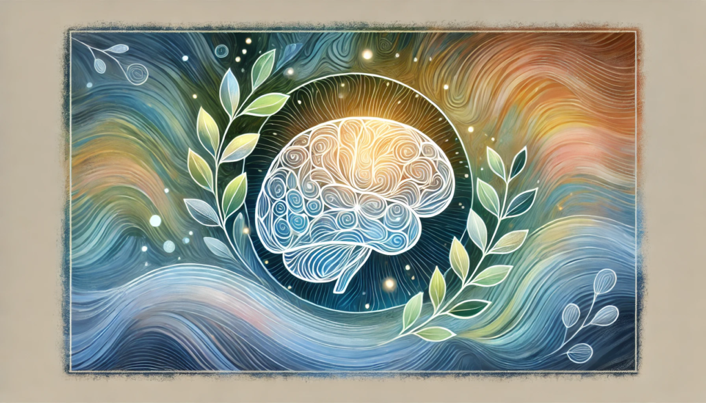 An artistic depiction of a glowing brain surrounded by calming waves and leaves, illustrating cortisol regulation and stress relief.