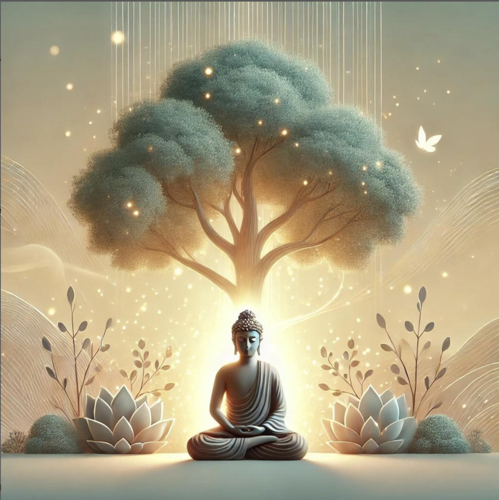 A serene illustration of a person meditating under a luminous tree, symbolizing mindfulness, balance, and personal growth.