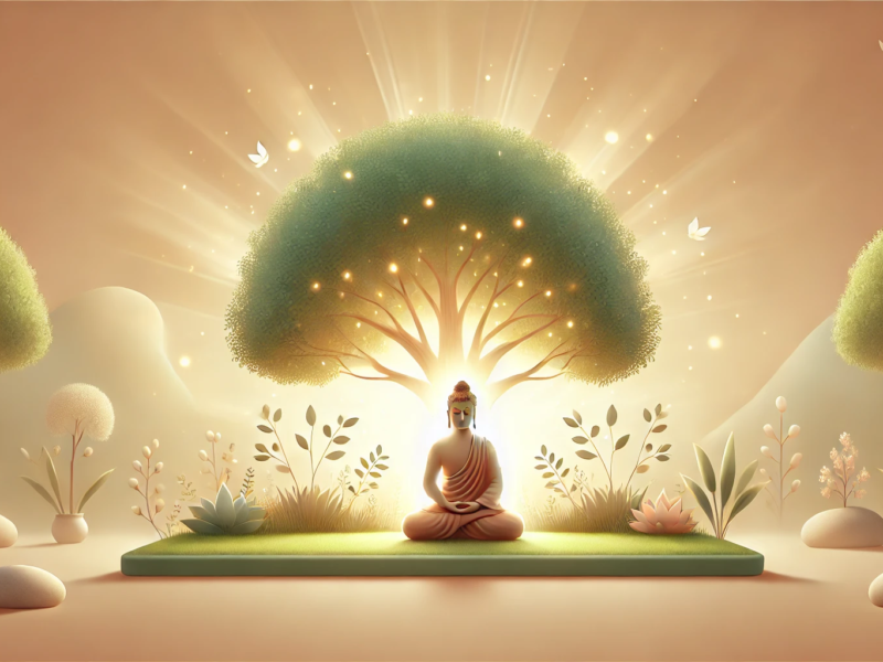 A serene Buddha meditating under a glowing tree, symbolizing stress relief and balanced cortisol levels.