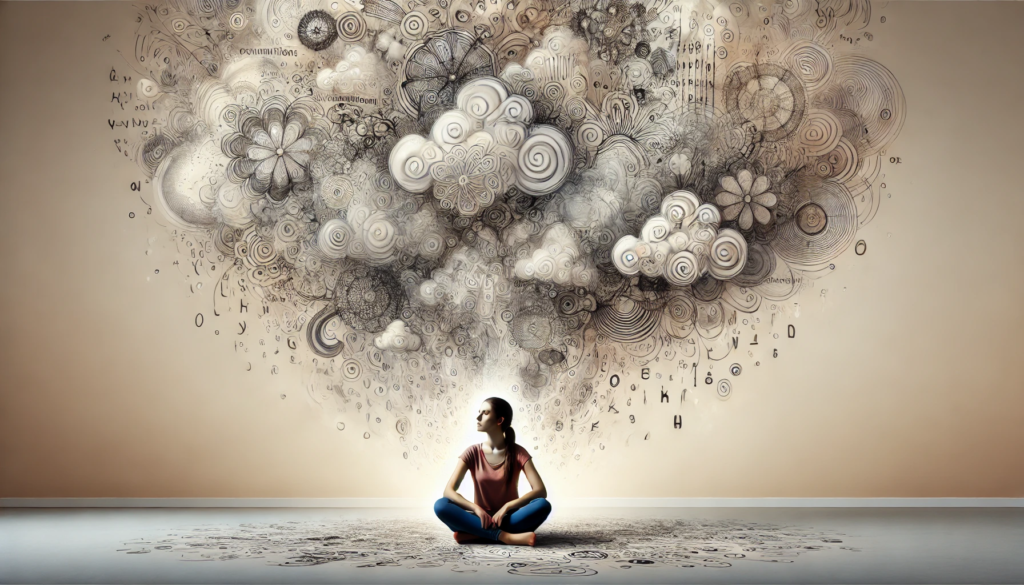 A young woman sitting cross-legged, surrounded by abstract swirling thoughts symbolizing mental clutter, representing the challenge of achieving present moment awareness.