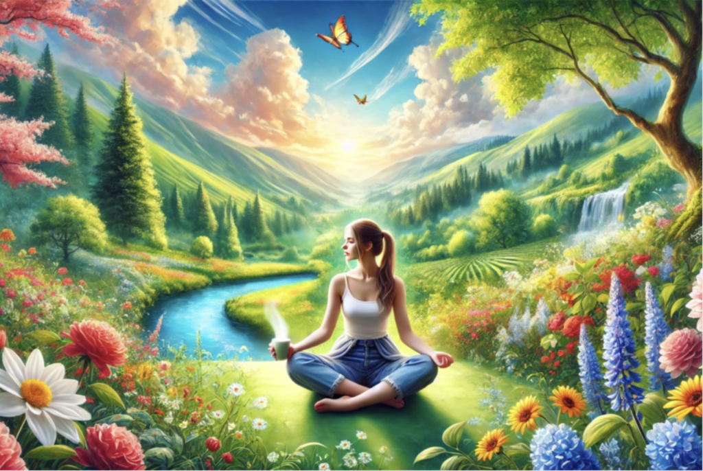 A young woman sits peacefully in nature, holding a warm cup of coffee. She is surrounded by vibrant flowers, green hills, and a clear blue sky, symbolizing mindfulness and present moment awareness.