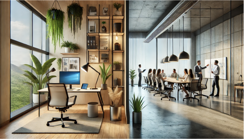 "A hybrid work environment showcasing both a remote home office with natural lighting and an in-person collaborative workspace, emphasizing productivity and flexibility."


