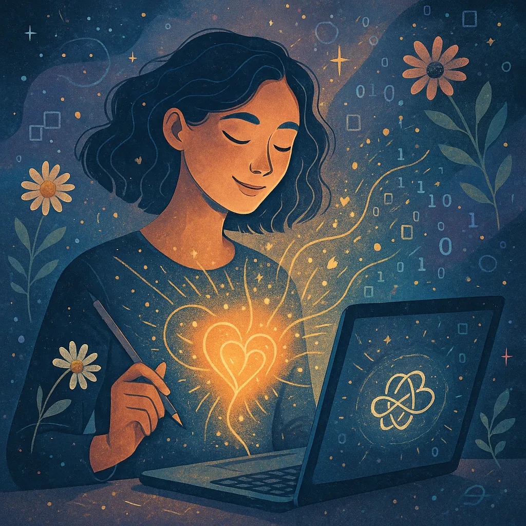 A woman writing from her heart with glowing AI data and floral elements surrounding her.