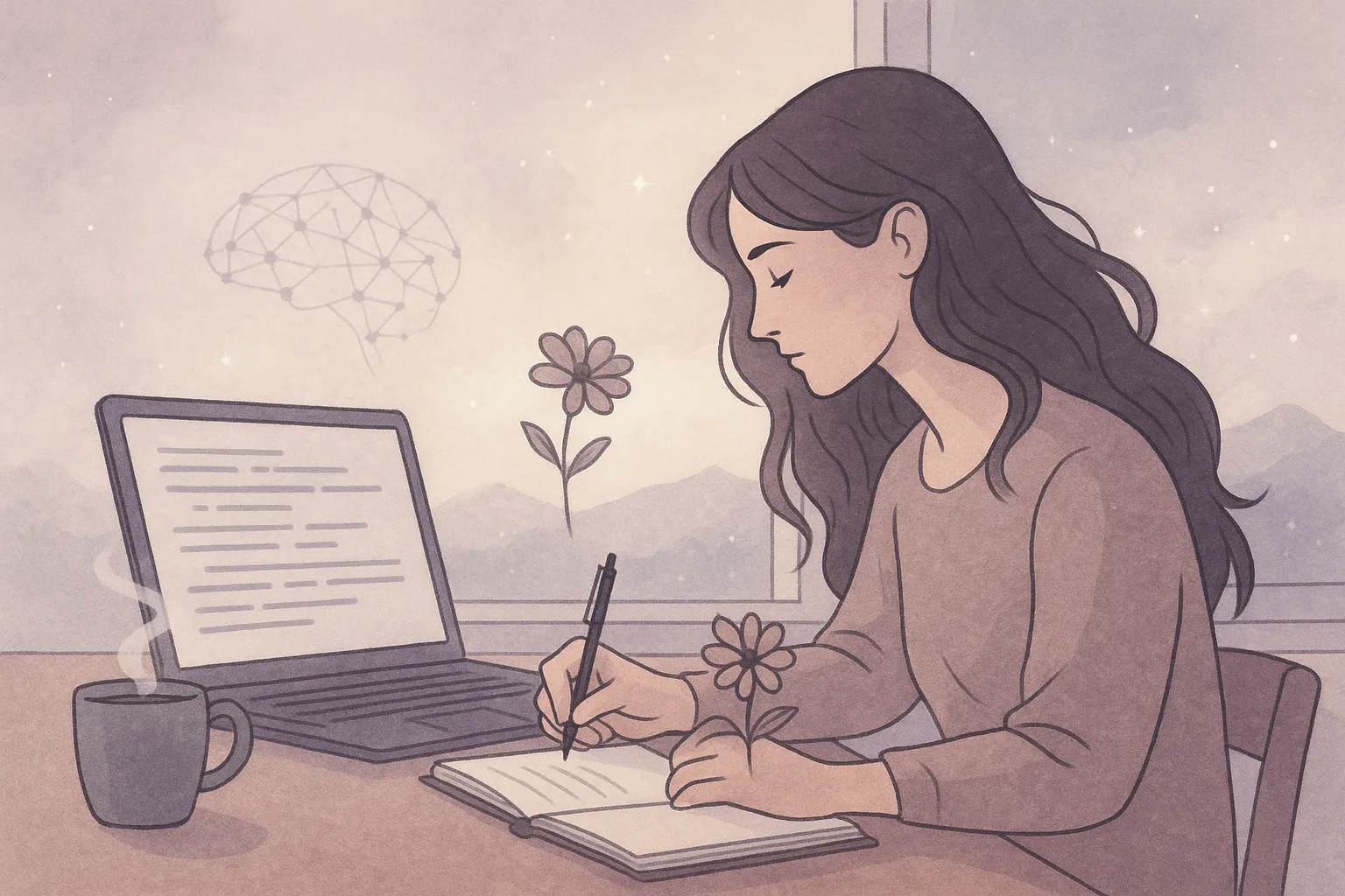 A woman writing in a notebook while a digital brain and flower float nearby, representing AI writing inspiration.